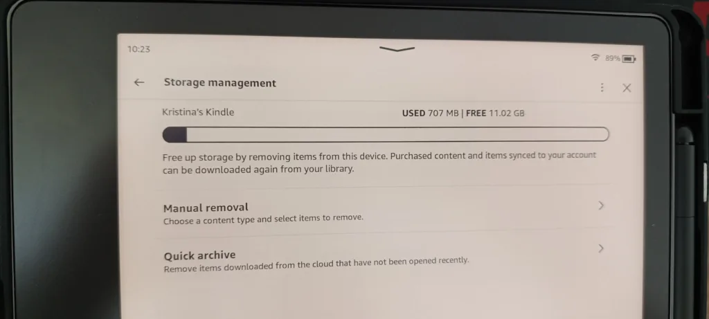 A photo showing the storage on my Kindle and how much of it is used on around 100 books