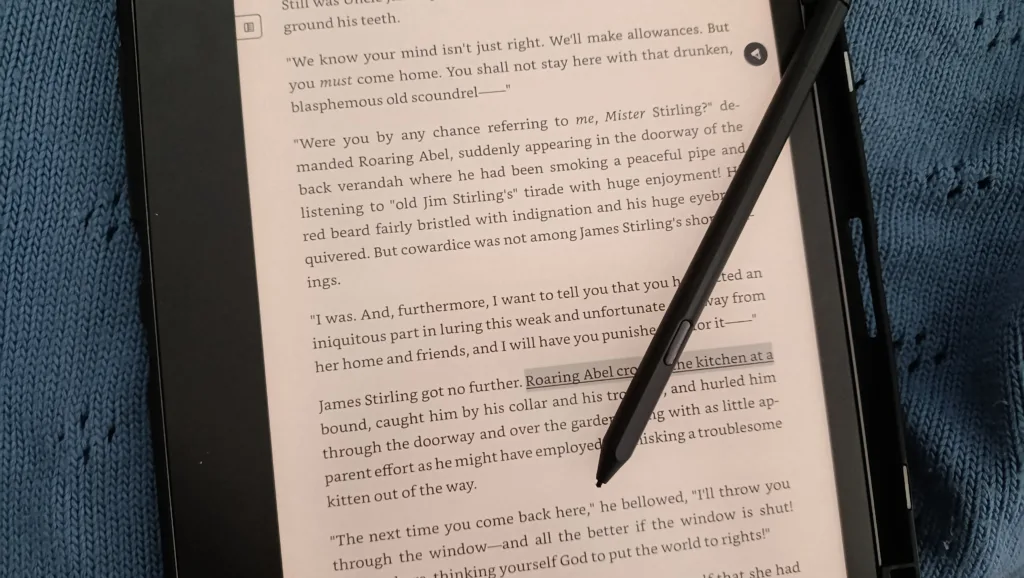 A photo showing the stylus and an ereader (kindle Scribe) to illustrate the point of what a stylus does (a line in the open ebook is underlined and annotated).