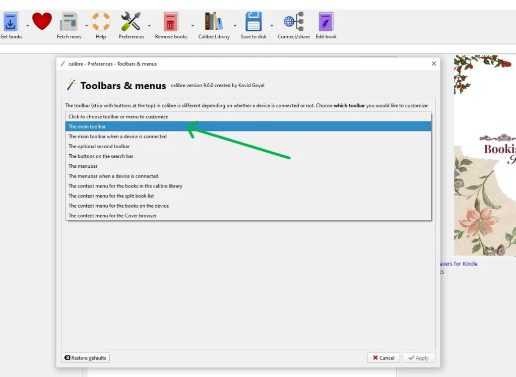 A screenshot of the Calibre menu editing interface, showing with a green arrow which menu the reader needs to pick
