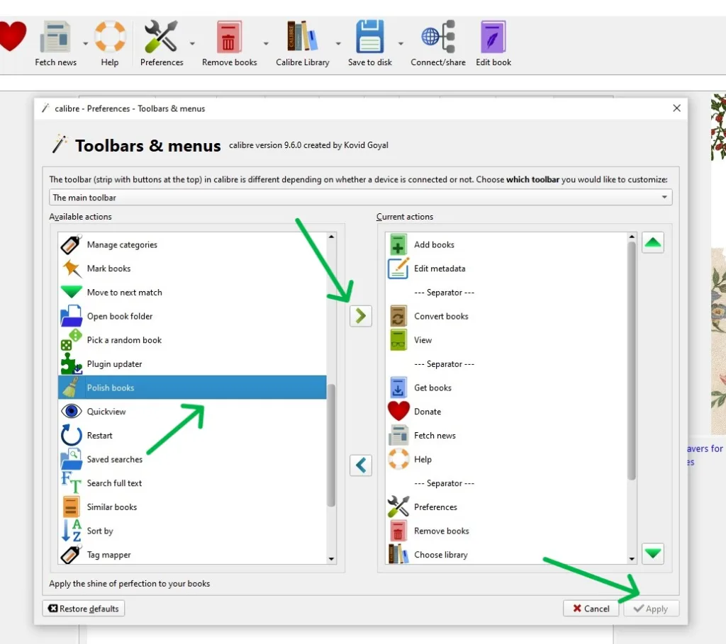 A screenshot of the Calibre menu editing interface showing the Polish Book option, with arrows pointing to it, the button that will move it to the main menu and the "Save" button