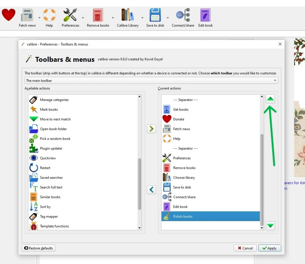 A screenshot of the Calibre menu editing interface showing how to move menu items up or down so the reader can pick a placement they like
