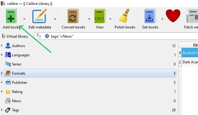 A screenshot of the Calibre software showing with arrows the "Add Books" button at the top