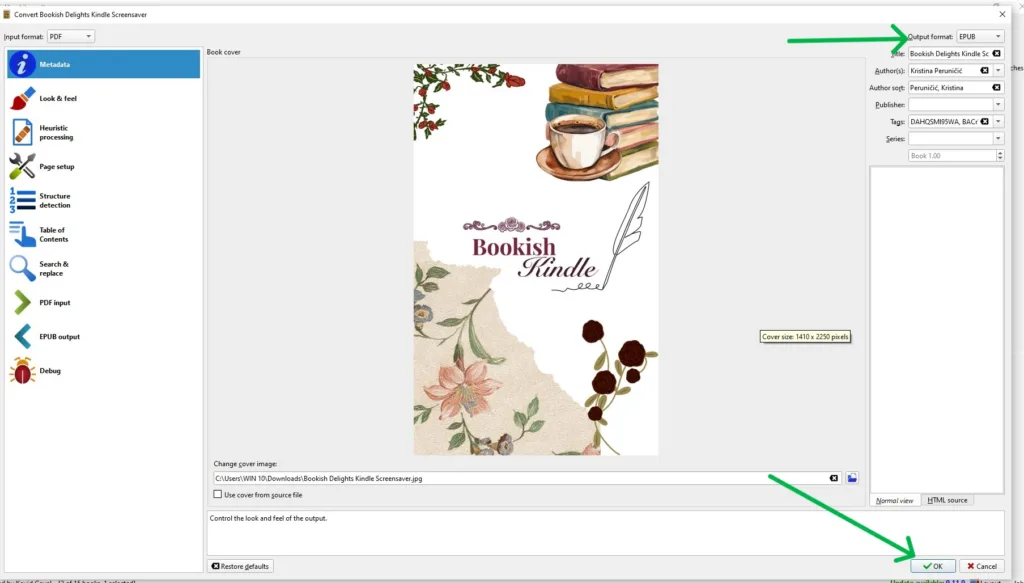A screenshot of the Calibre conversion software, showing with green arrows the correct settings for saving the conversion successfully