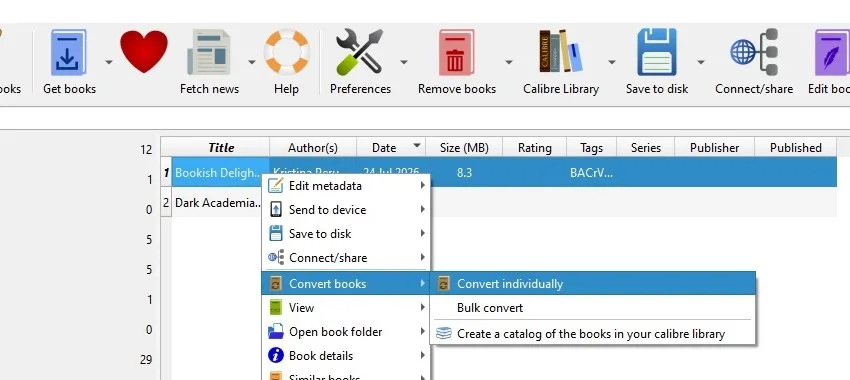 A screenshot of the Calibre software showing which menu to choose to convert the PDF file to EPUB
