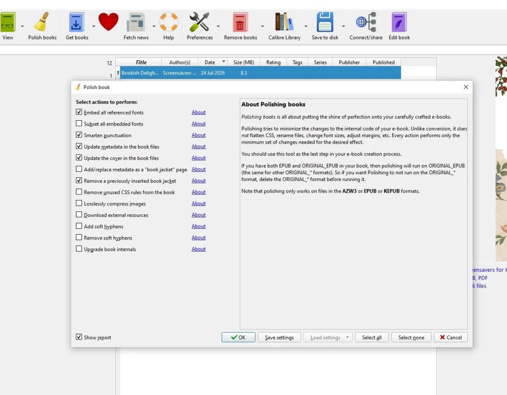 A screenshot showing the "Polish Books" interface in Calibre, with the correct settings checkmarked and arrows pointing to relevant places to click