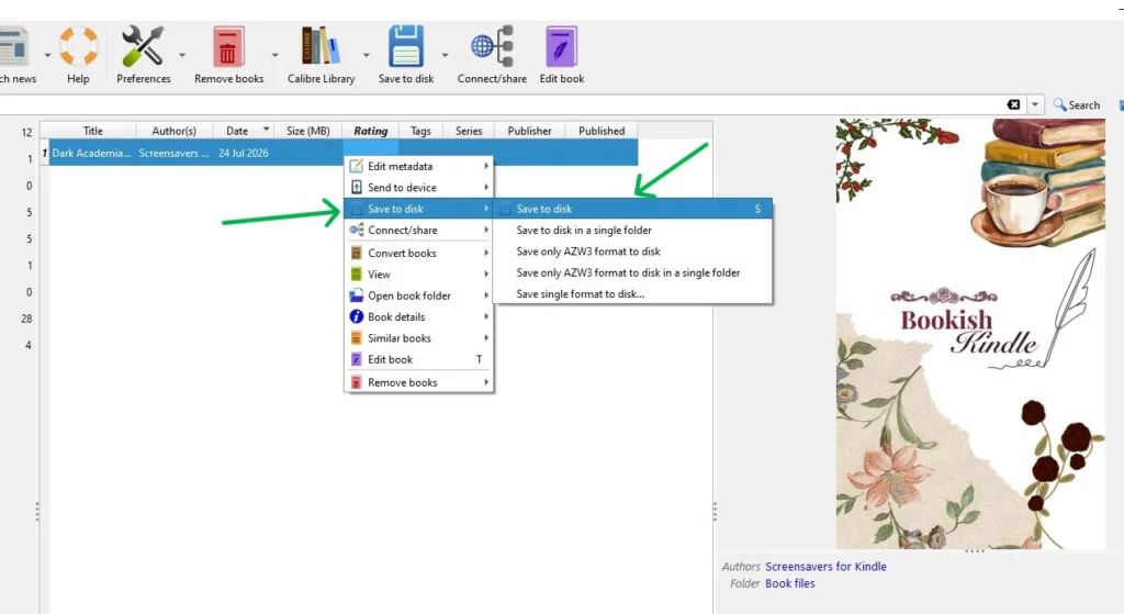 A screenshot showing how to Save the ebook to disk