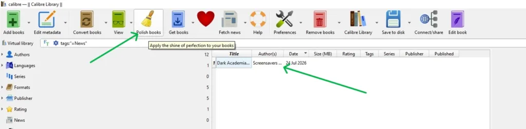 A screenshot showing how to "Polish Books" with green arrows pointing to the correct items to click