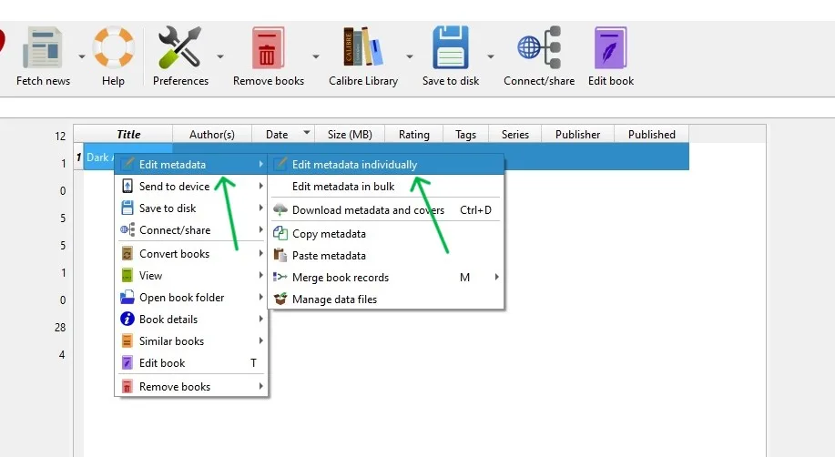 A screenshot of the Calibre software showing where to edit meta data on an ebook