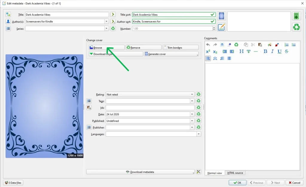 A screenshot of the Calibre metadata editor showing where to add a book cover, author, title and other settings (with arrows pointing to the correct areas)