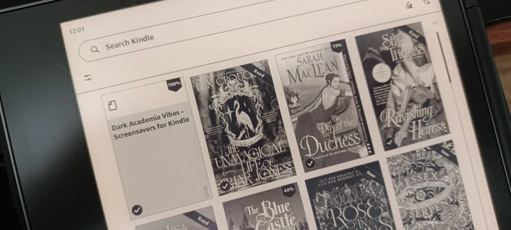 A photo of a Kindle with the downloaded ebook that doesn't work as a screensaver