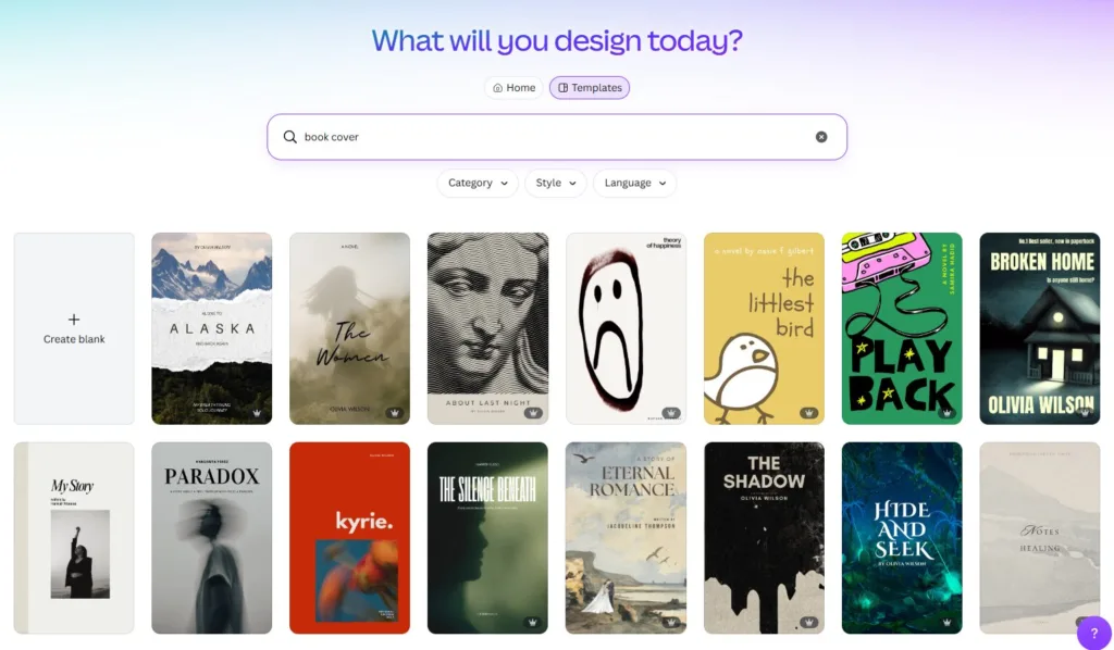 A screenshot of the Canva templates for Ebooks, showing that the reader can also use a premade size