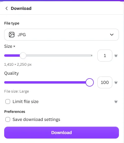 A screenshot of the Canva options for file types and the correct download settings for the Kindle Screensaver