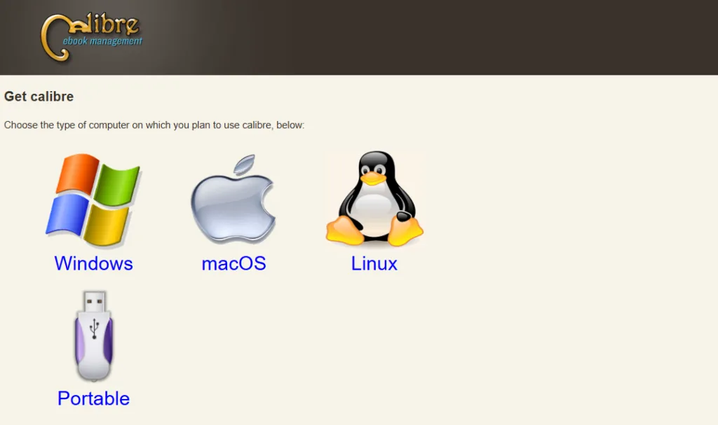 A screenshot of the Calibre website and options for download