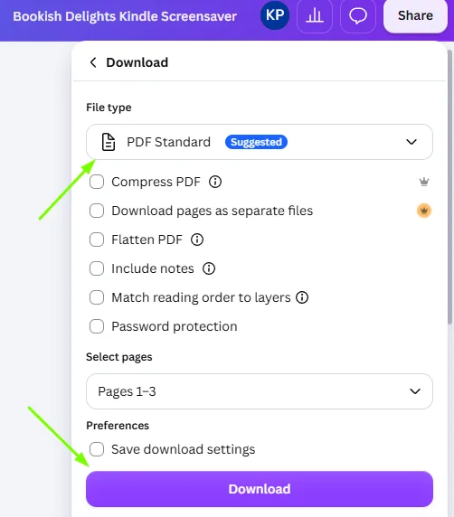 A screenshot showing that the reader should add more blank pages to the book as well as arrows pointing to the correct download settings for the kindle screensaver ebook (PDF Standard)