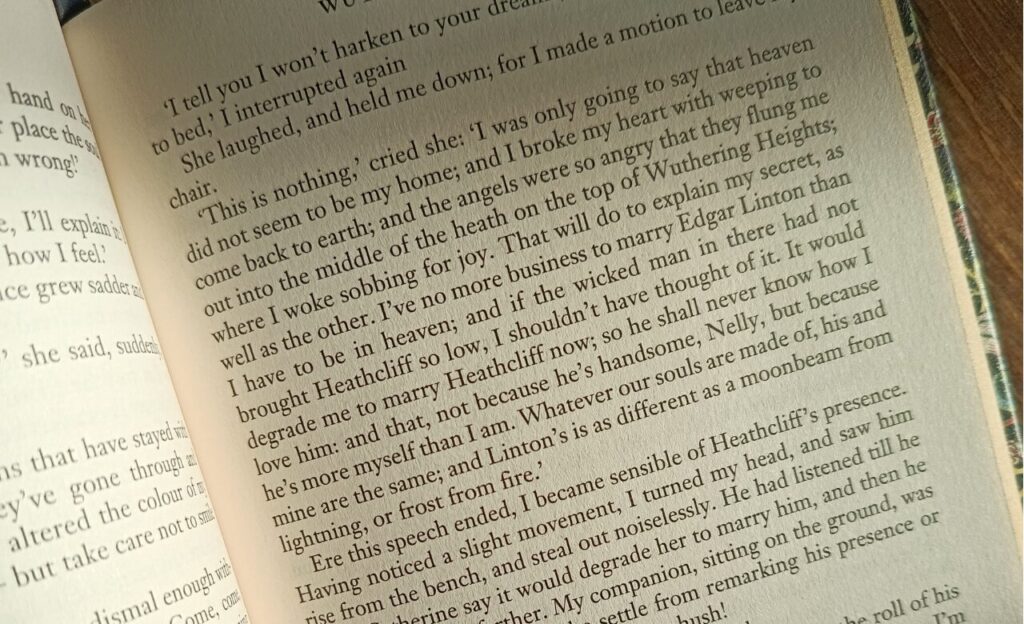 photo of a page in wuthering heights by emily bronte, showing the scene/page where cathy says it would degrade her to marry Heathcliff, and Heathcliff overhears