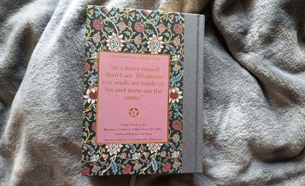 a photo of the back cover of wuthering heights by emily bronte (wordsworth heritage edition)