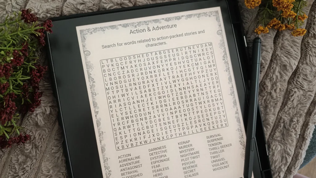 A photo of doing crosswords puzzles and word search puzzles on Kindle Scribe