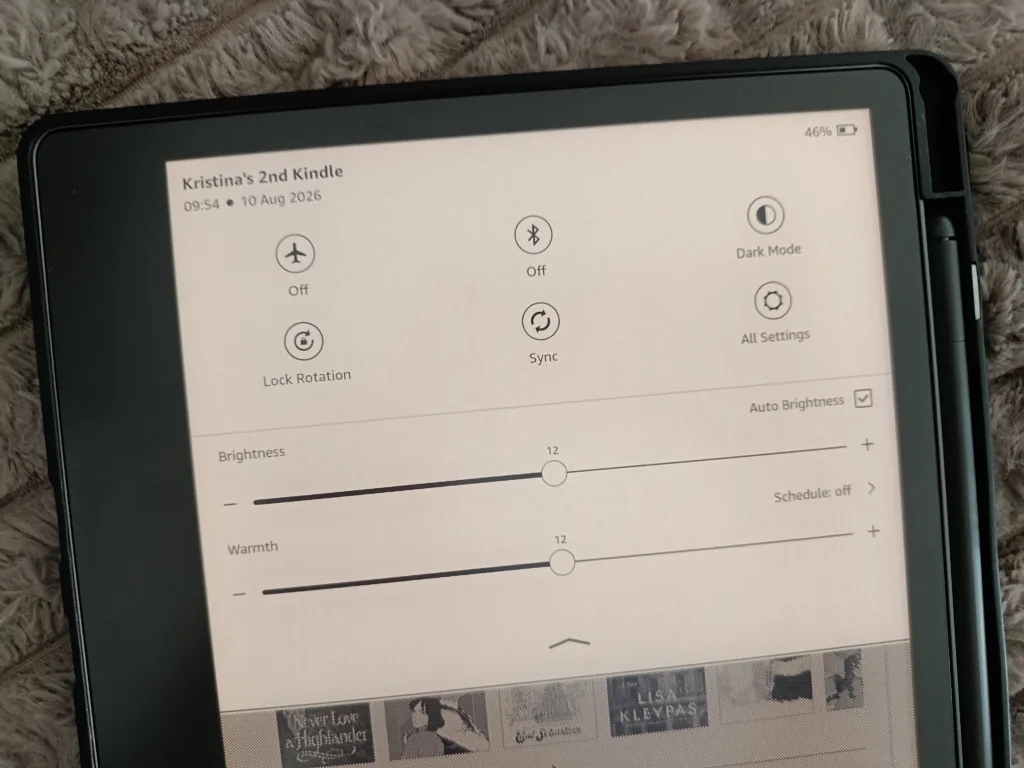 A photo of a Kindle device showing quick settings to illustrate where to find bluetooth settings