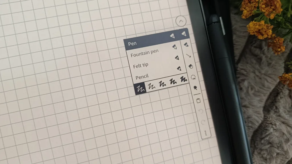 A photo of a kindle scribe with the notebook interface open and all of the pen tip options available photographed