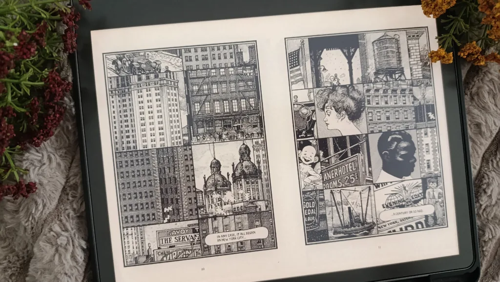 A photo of a kindle scribe with a comic book (graphic novel) open in a horizontal, two column mode, showcasing how nice manga and graphic novels look on this device
