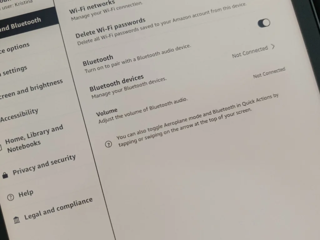 A photo of a Kindle Device showing the bluetooth settings open