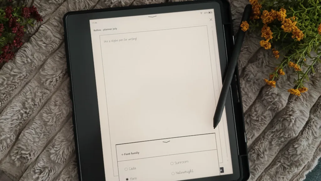 A photo of using the text refinement feature on KIndle scribe, showing how you can change your handwriting into any font and make it look neater