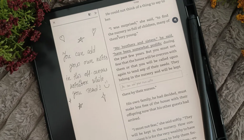 A photo of a Kindle Scribe with a book open, showcasing the option to add your own handwritten notes and doodles directly on books.