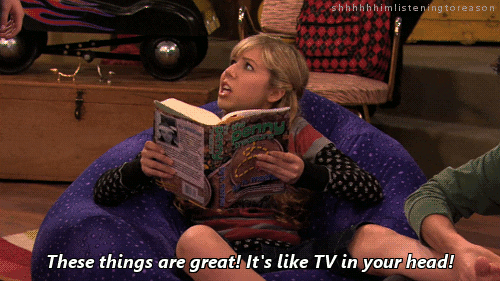 A meme from iCarly that says reading is like a movie in your head
