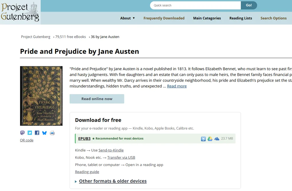 A screenshot of Project Gutenberg page of Jane Austen's Pride and Prejudice available to download for free or read online in various formats