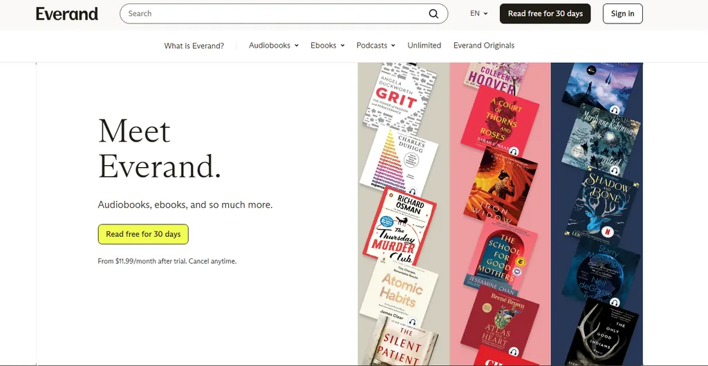 A screenshot of Everand's website showing a free trial option and some of the books you can get