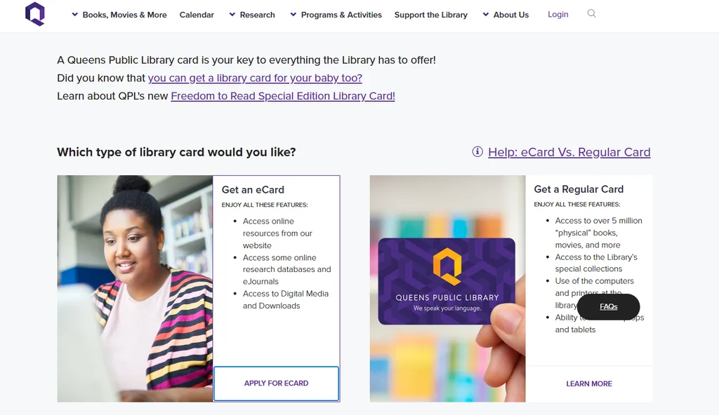 A screenshot of the application page for the Queen's Library ecard
