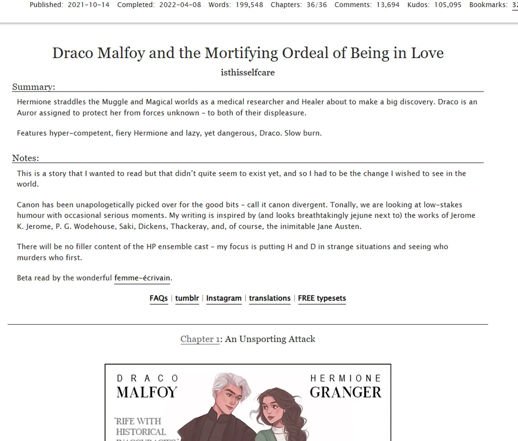 A screenshot of the AO3 interface and what it looks like to read a book online (in this example, Draco Malfoy and The Mortifying Ordeal of Being In Love).