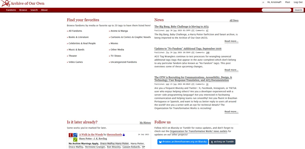A screenshot of the home page of AO3 (archive of our own)