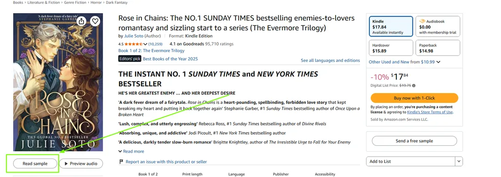 A screenshot of the Amazon interface where you can see where to read a free sample (highlighted in a box and pointed at with a green arrow).