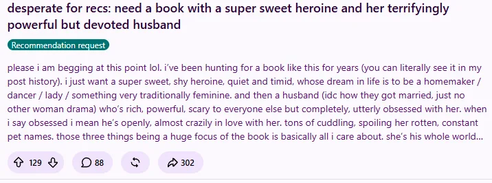 A screenshot of a reddit recommendation request