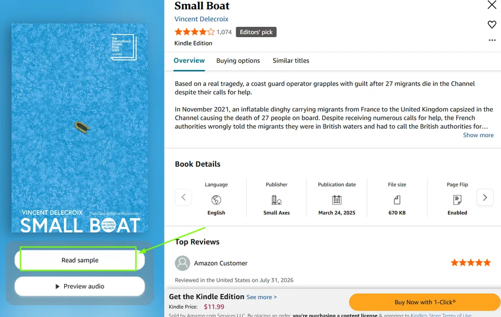 A screenshot of the Amazon page for Small Boat and the "read sample" button pointed at with an arrow