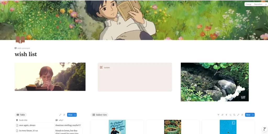 A screenshot of my full Notion book wish list board with the database, some aesthetic giphs, notes, etc.