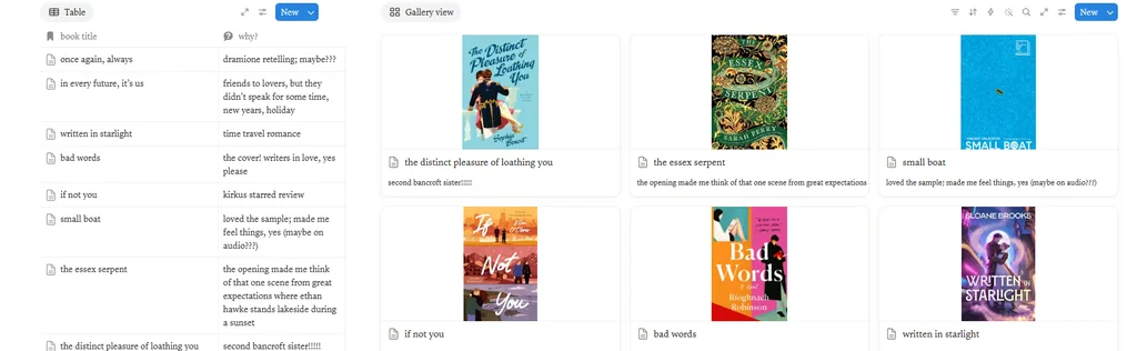 A screenshot of my Notion wish list board, showing the database with book titles and notes on why I want to read them, with the gallery view with the book covers next to it